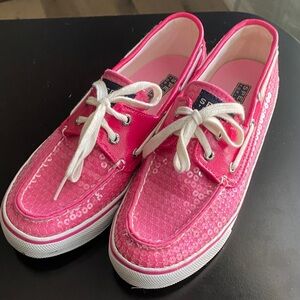 Sperry Pink Sequin Boat Shoes with White Laces